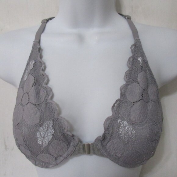 Aerie Bra 32C Gray Triangle Lace Underwire Front Closure Racerback - Picture 1 of 5